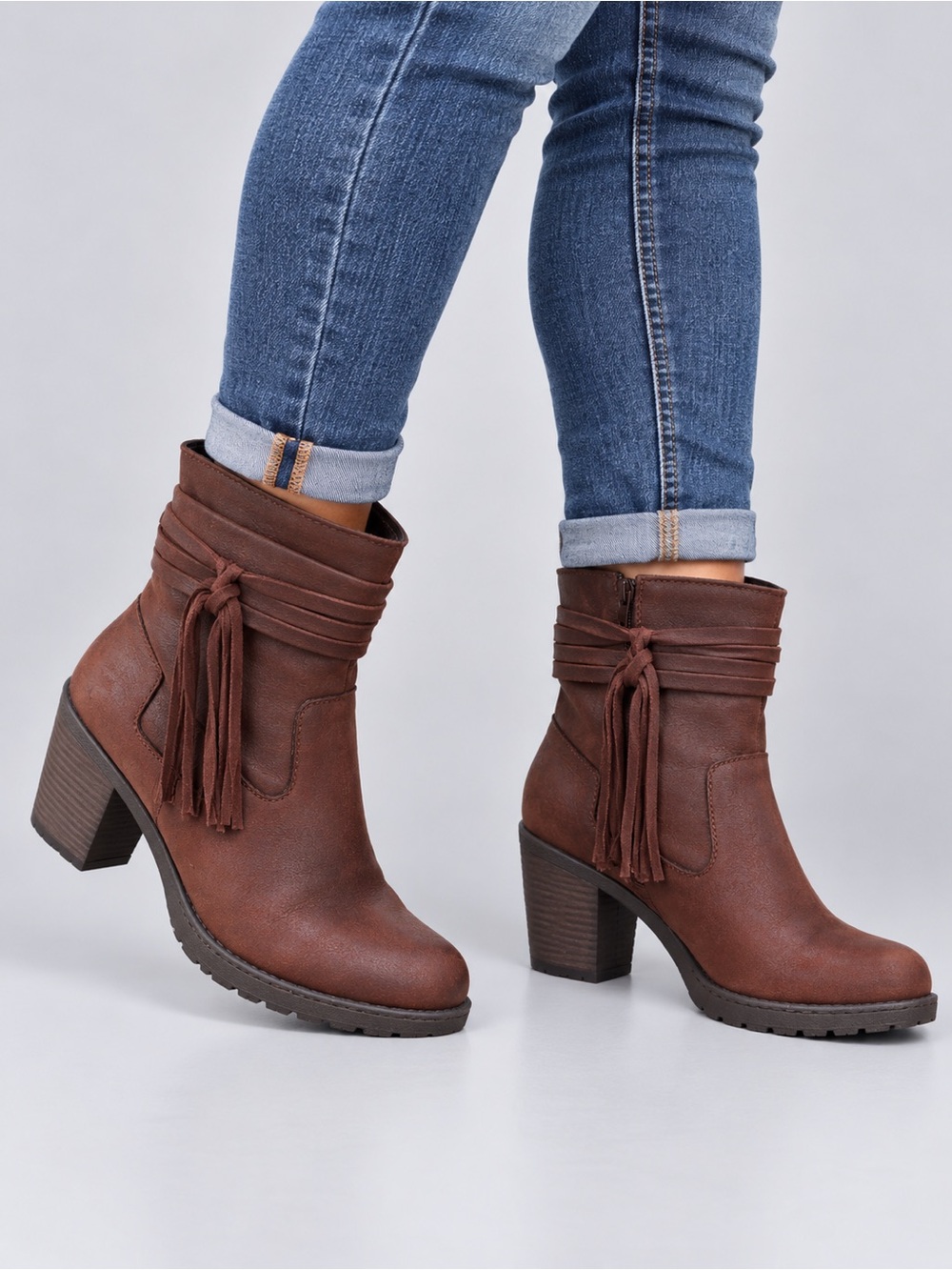Ladies boc Brown Tassel Wrap Block Heel Ankle Boots